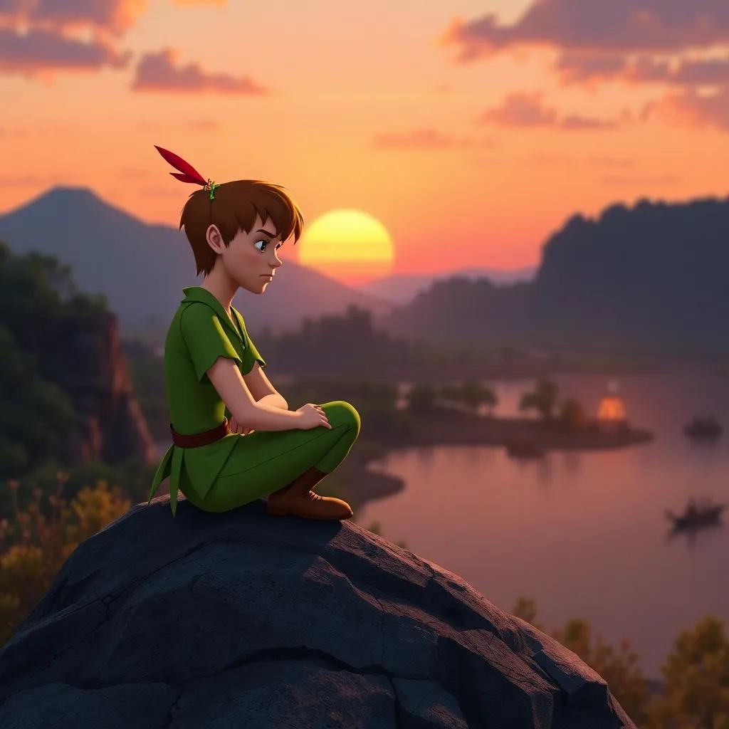 Peter Pan sits on a rock looking sad but thoughtful, as he watches Wendy, John, and Michael getting ready to leave Neverland, a beautiful sunset in the background, warm colors, bittersweet but magical atmosphere, high quality