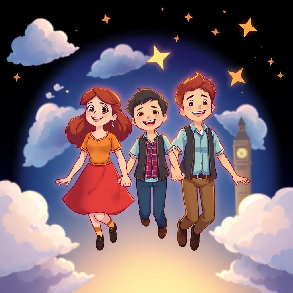 Wendy, John, and Michael hold hands flying back to London, with clouds and stars, a feeling of adventure in their hearts and smiles on their faces, enchanting and uplifting illustration, bright colors, high quality