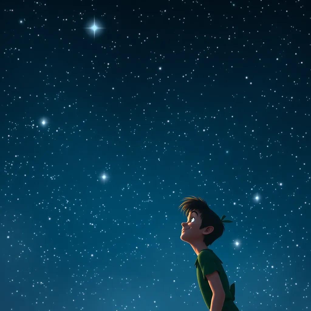 A night sky filled with twinkling stars, with a glimpse of Peter Pan looking down with a smile, believing in magic and adventure, dreamy atmosphere, soft and magical hues, high quality
