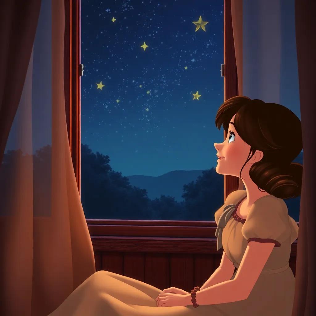 Wendy, now grown up, looking at the stars from her window, with a nostalgic smile remembering Neverland and Peter Pan, warm light, emotional and reflective scene, high quality