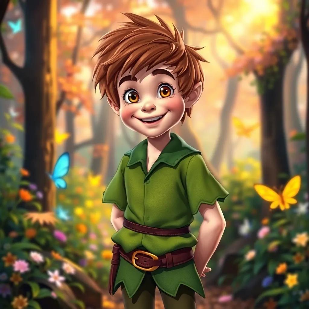 A cheerful Peter Pan, a young boy with messy brown hair wearing a green tunic and brown boots, smiling and standing in a bright, colorful forest with fairies around, digital art, vibrant colors, magical atmosphere, high quality