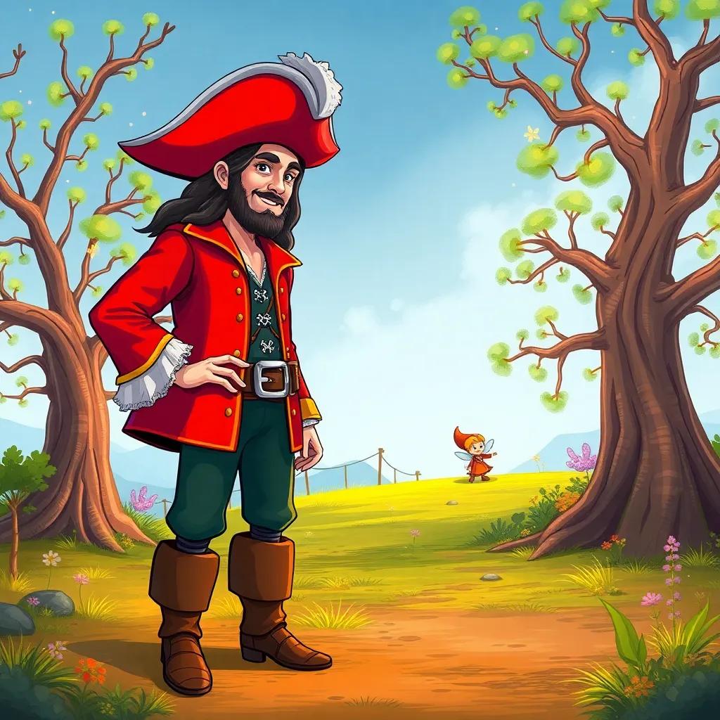 Captain Hook, a tall pirate with a hook for a hand and a red coat, standing confidently on the other side of a clearing, with playful trees and twinkling fairies in the background, detailed illustration, bright and cheerful colors, whimsical setting, high quality