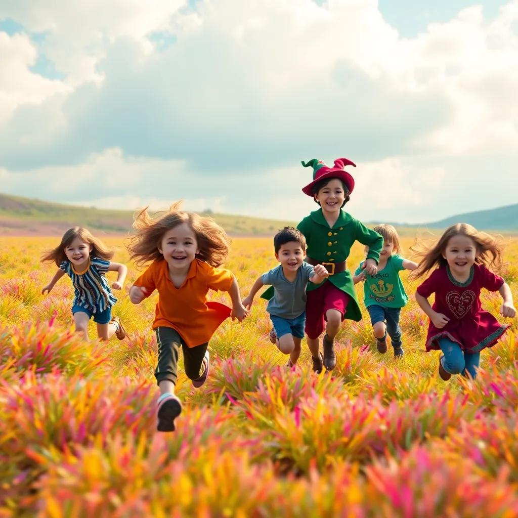 A scene of kids dashing in a colorful clearing as Peter yells 'Green light!', with Captain Hook chasing after them, laughter in the air, cheerful atmosphere, vibrant digital art, lively colors, playful spirit, high quality