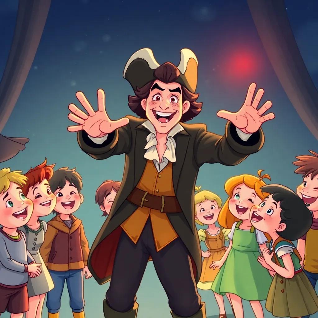 A funny moment where Hook is stumbling while stopping to 'freeze' in a dramatic pose when Peter yells 'Red light!', surrounded by giggling children, charming and colorful illustration, joyful scene, high quality