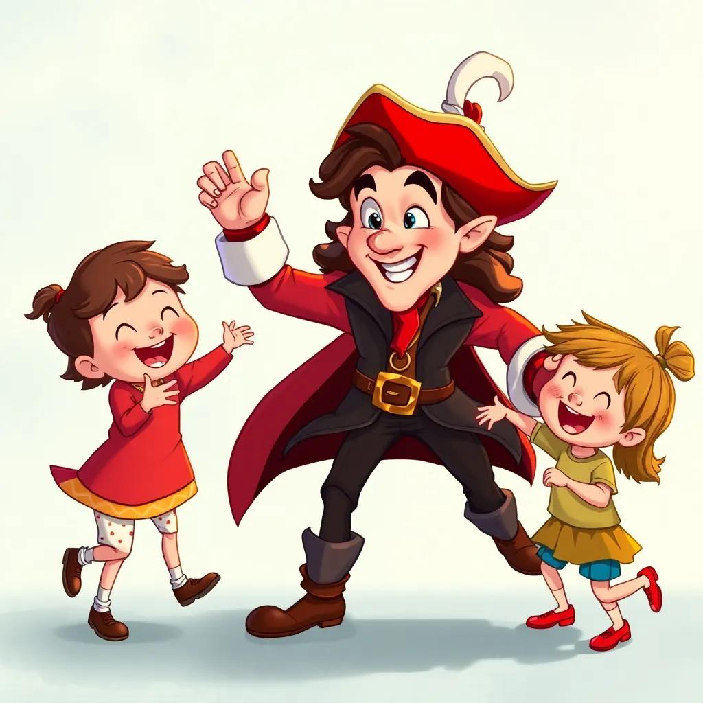 A playful moment where Captain Hook decides to pretend he is very still during the game, with a twinkle in his eye, and children giggling while trying to keep their balance, digital art, fun and whimsical colors, lively illustration, high quality