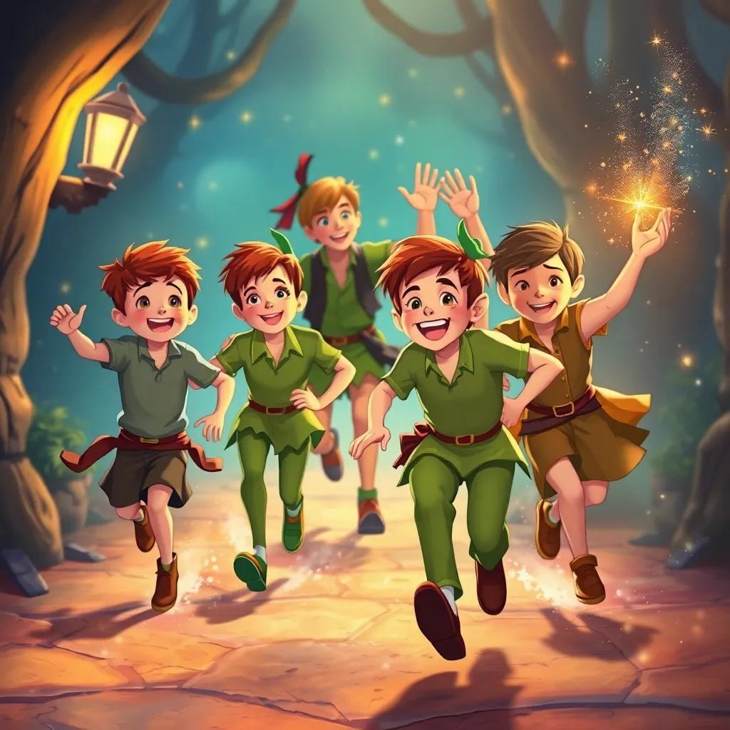 The kids and Peter Pan joyfully running towards Hook as he finally calls 'Red light!', with fairy dust floating around and a happy aura around them, cheerful illustration, warm colors, uplifting moment, high quality