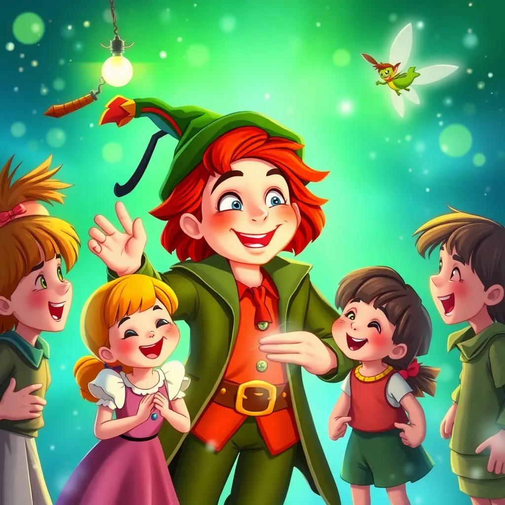 Captain Hook trying to call 'Green light!' and all the children laughing while Mikey the fairy freezes mid-flight, full of giggles, charming scene, magical illustration, bright colors, high quality