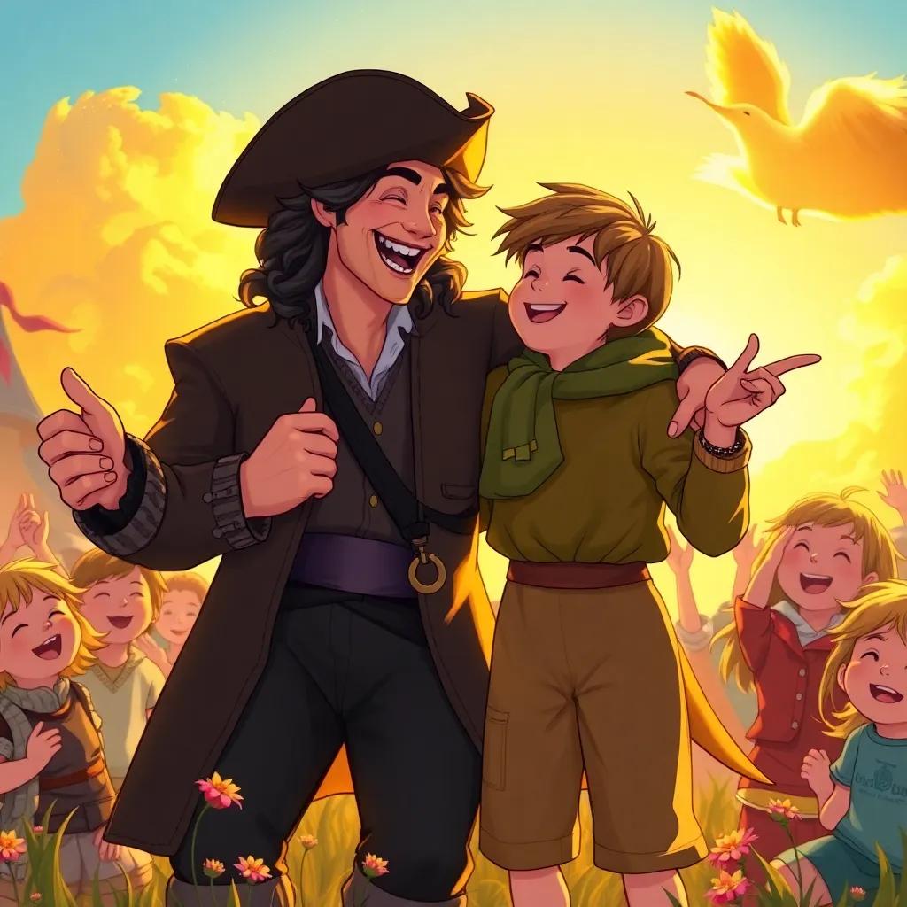 Hook and Peter laughing heartily, their friendship growing as they play together in a sunny Neverland, children around them cheering in happiness, vibrant illustration, golden sunset colors, joyful tone, high quality