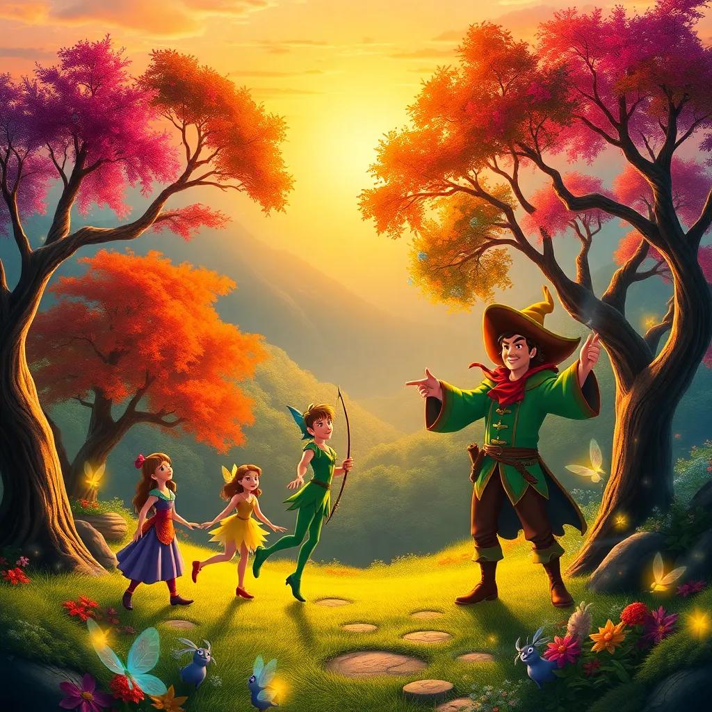 An enchanting Neverland scene with Peter Pan, Captain Hook, and their friends playing together under the sunset, colorful trees, and glowing fairies, magical atmosphere, bright colors, delightful illustration, high quality