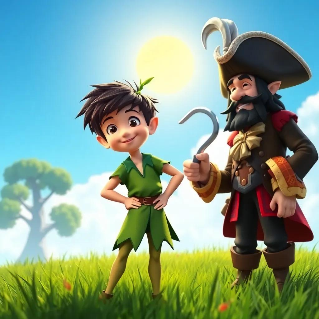 A sunny day in Neverland, with Peter Pan, a young boy with messy, dark hair, wearing a green tunic, and Captain Hook, a tall man with a big hat and a hook for a hand, standing on a grassy field, playful atmosphere, colorful, bright, cheerful scene, digital art, fantasy, child-friendly, high detail