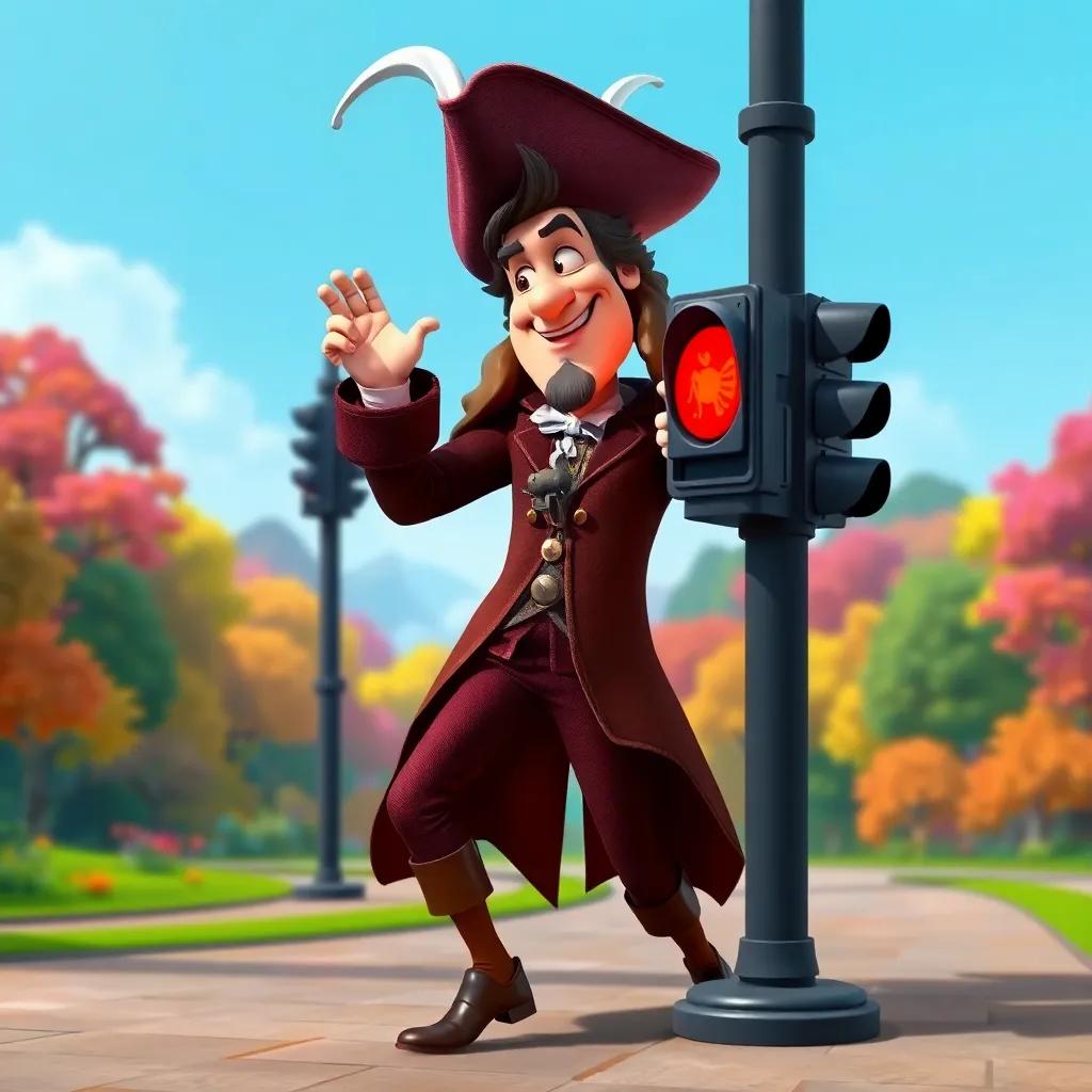Captain Hook, a tall man with a big hat and a hook for a hand, tripping over his feet while stopping during Red Light, looking comical. Background of Neverland with colorful trees, joyful setting, playful, cheerful, high quality
