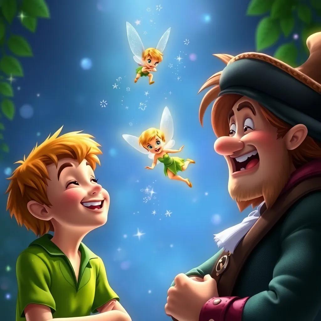 Tinker Bell, a tiny fairy with glowing wings, flying above Peter and Hook, sprinkling pixie dust in the air. Peter Pan is laughing, and Hook is surprised. Magical sparkles, bright colors, joyful, whimsical, high quality