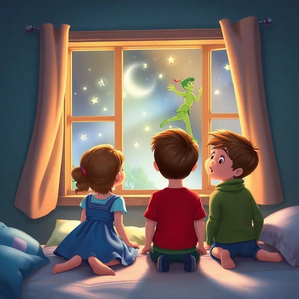 A magical scene of three children, Wendy, John, and Michael, looking amazed as they wake up to Peter Pan at their window, soft light glowing, bedroom setting, illustration, vibrant and enchanting, child-friendly