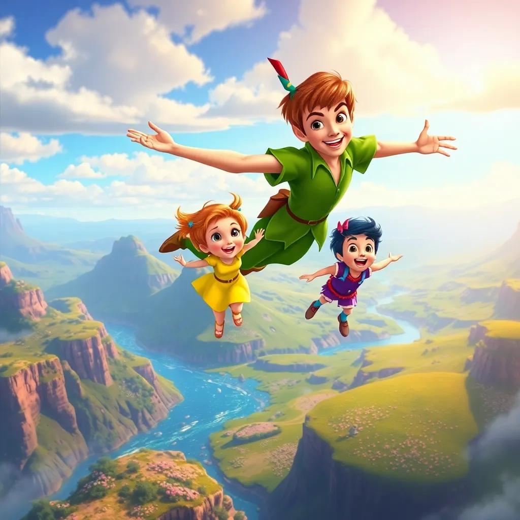 Peter Pan and the children flying high above Neverland, colorful landscapes with sparkling rivers and bright flowers below, all smiling and full of laughter, digital painting, adventure-themed, bright colors, uplifting