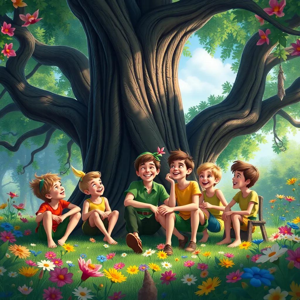 The Lost Boys playing under a giant tree in Neverland with Peter Pan, surrounded by colorful flowers, laughter and joy in the air, detailed art, playful atmosphere, rich colors, high quality