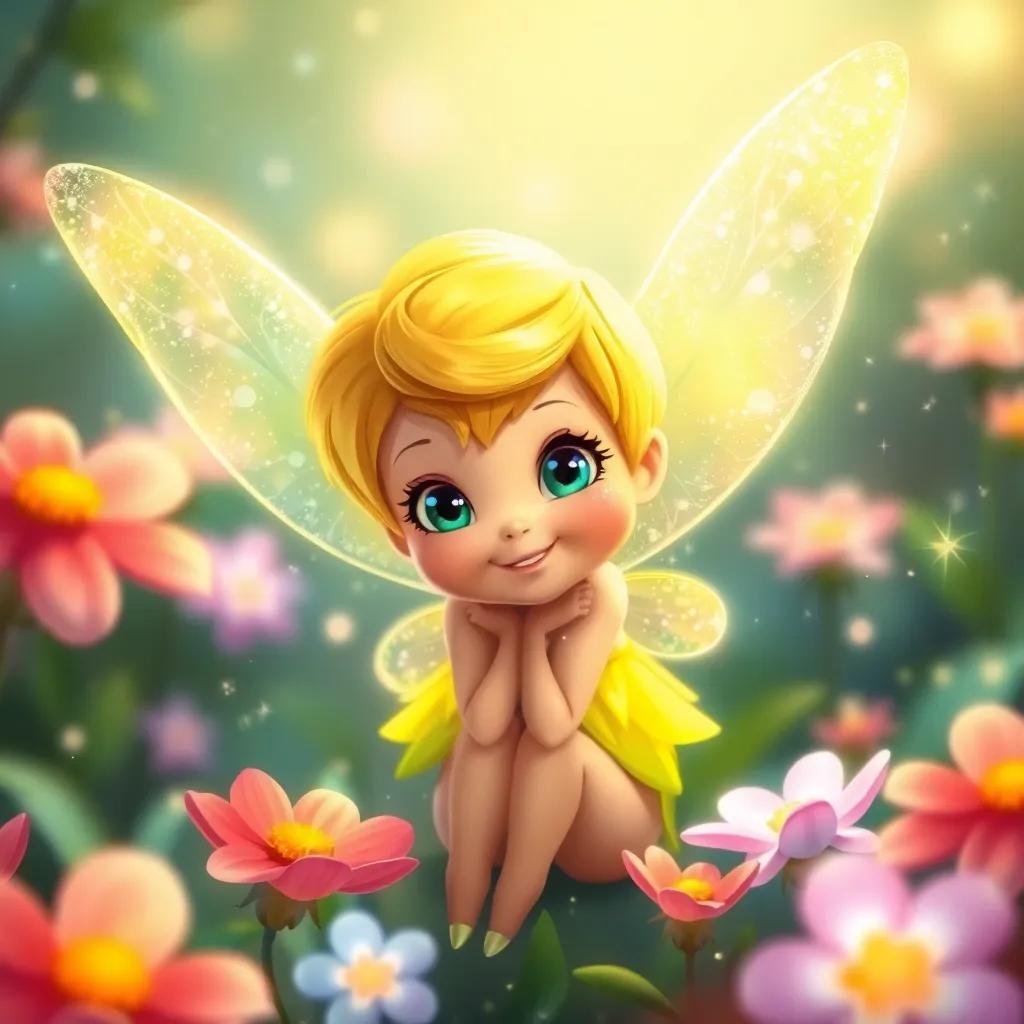 A tiny fairy named Tinkerbell with shiny wings and a sweet smile, surrounded by glowing flowers and sparkling dust, colorful magical scene, illustration, enchanting vibe, bright and inviting