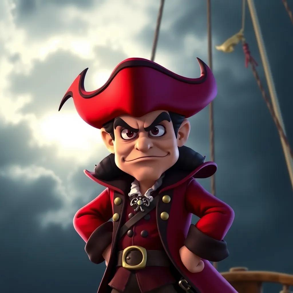 Captain Hook with a frown, standing on a ship with a dark sky behind him, looking menacing but cartoonish, digital art, playful and humorous style, lighted details, high quality