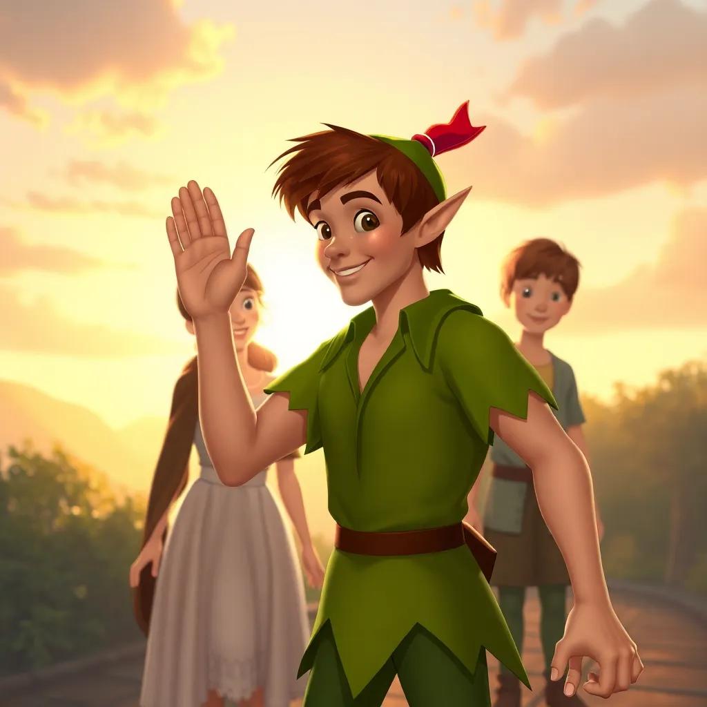 Peter Pan waving goodbye to Wendy, John, and Michael as they prepare to fly home, smiling faces, soft golden light of evening, heartwarming scene, digital painting, nostalgic atmosphere