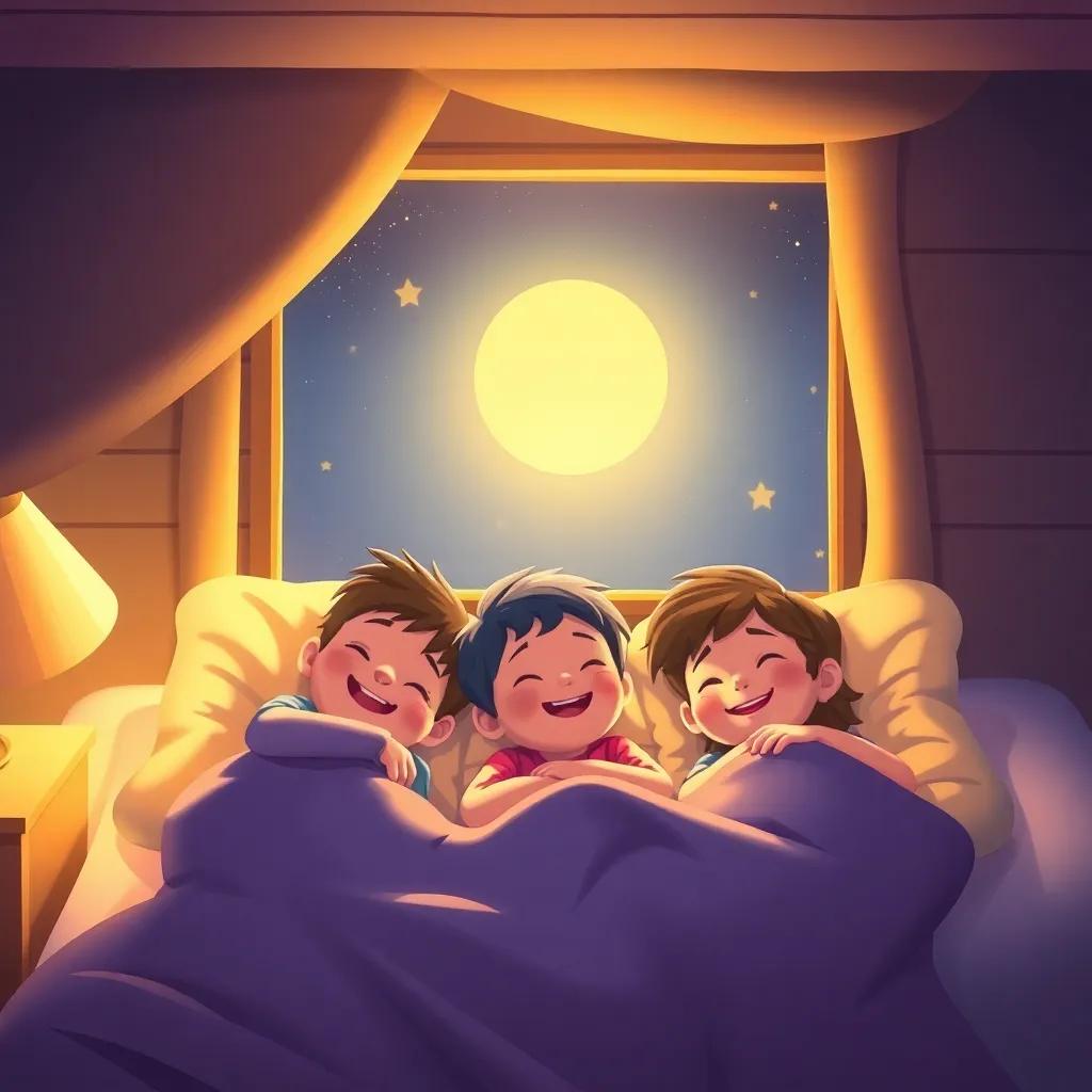 A cozy bedroom with three kids snuggled in bed, dreaming with joyful smiles on their faces, night sky visible through the window, warm light, illustration, heartwarming and comforting, inviting colors