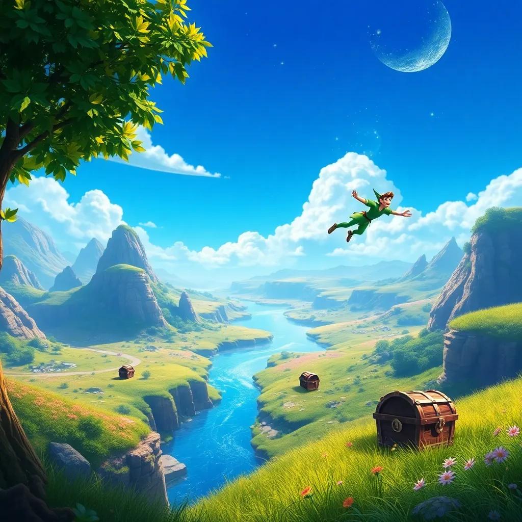 A magical view of Neverland with Peter Pan flying over colorful landscapes and treasure chests hidden in the grass, sparkling rivers, bright blue skies, digital art, adventure and imagination, vibrant colors
