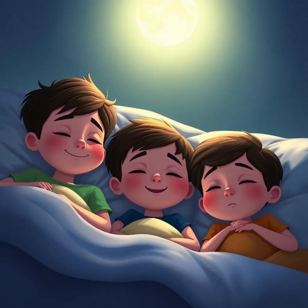 The three children in bed, eyes closed and smiling, dreaming of adventures in Neverland, soft moonlight shining in, illustration, cozy and peaceful atmosphere, rich colors