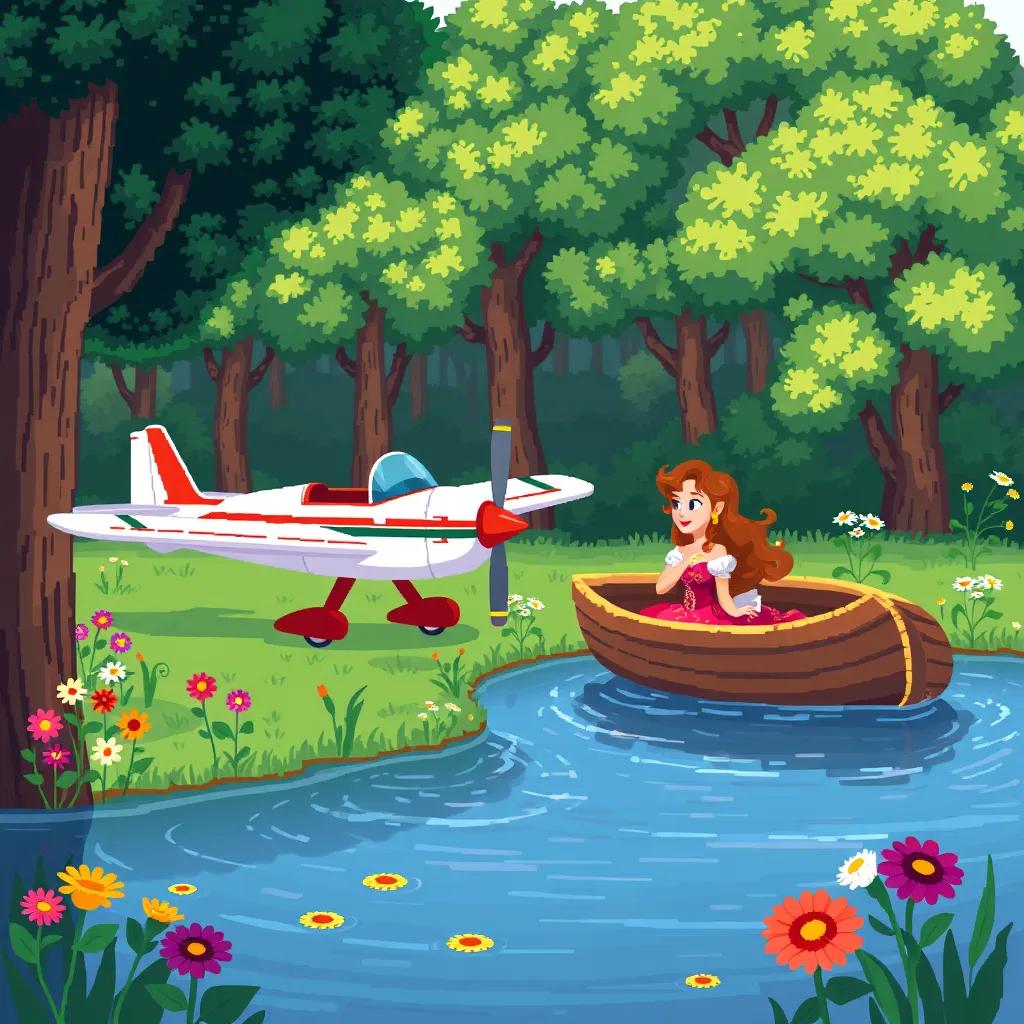 Peter the Plane talking to Bella the Boat by the water, surrounded by green trees and colorful flowers. Bella smiles back at him.