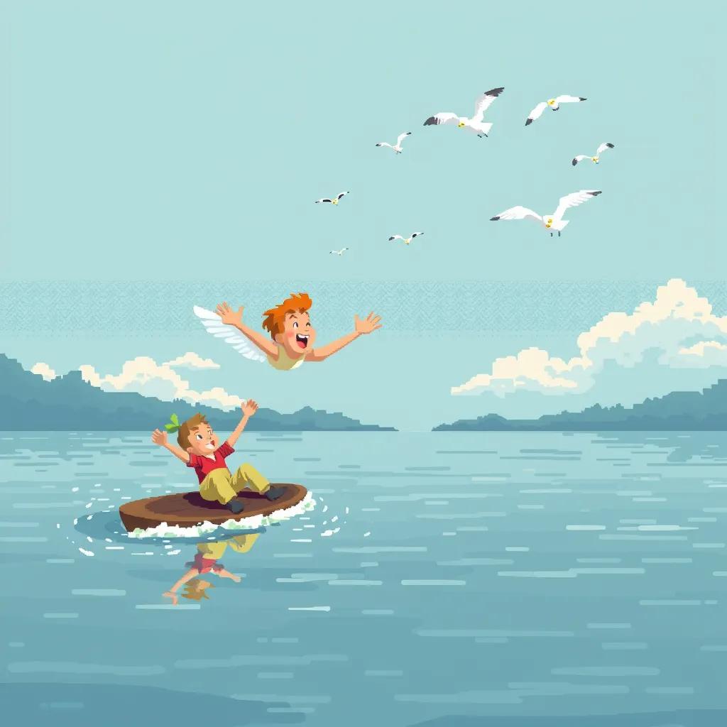 Peter gliding on the lake’s surface, laughing and having fun, with his wings spread wide. The sky is clear, and there are happy birds flying around.