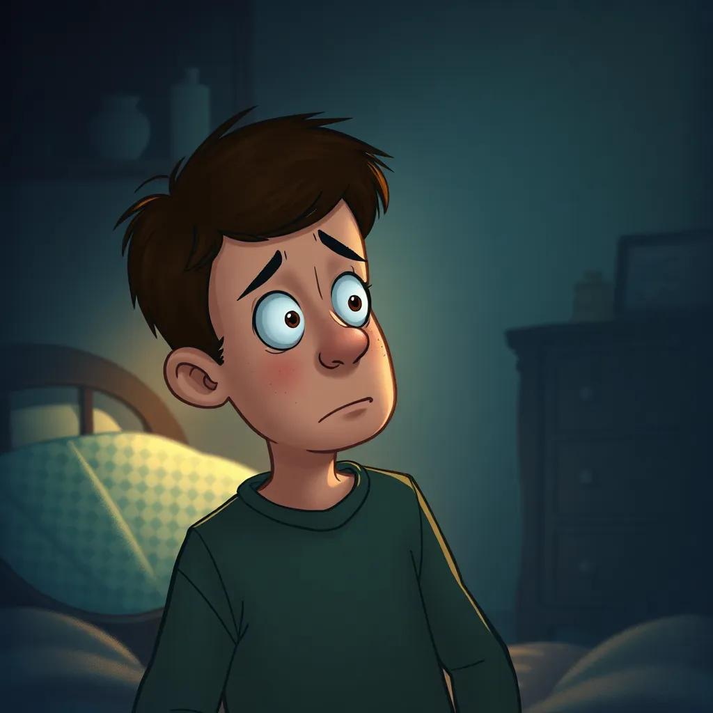 Peter, an ordinary man with short brown hair, looking confused and frightened in a dimly lit bedroom surrounded by shadows, art style of a realistic painting, moody colors, intimate perspective, high quality