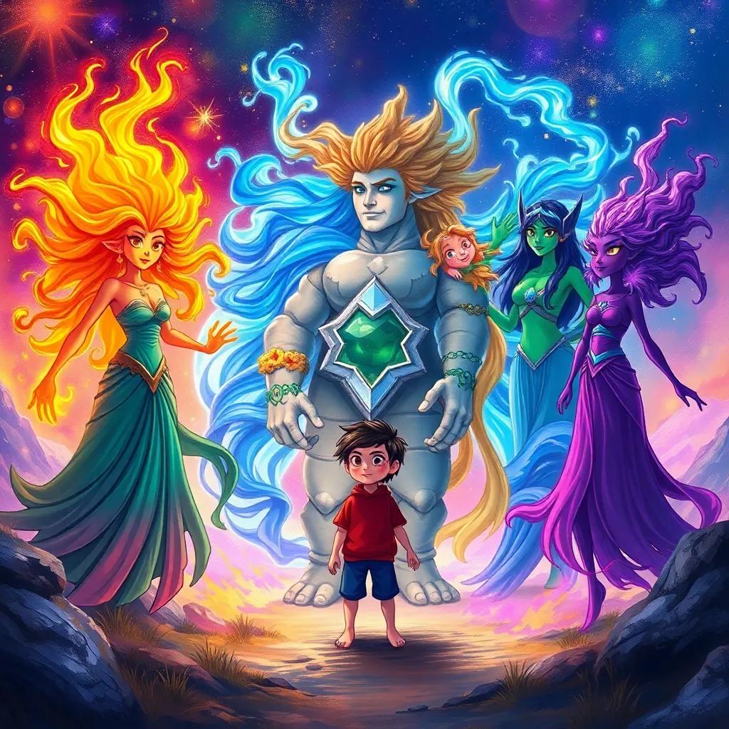 Five elemental goddesses: Flare, a fiery figure with glowing orange hair and a fierce expression; Aqua, with cascading blue waves flowing around her; Terra, robust and earthy, with stone-like skin; Gale, a playful figure with wispy hair resembling wind; Nova, enigmatic with a crackling aura, standing around Peter in a colorful ethereal realm, digital art, vivid hues, captivating view, high quality