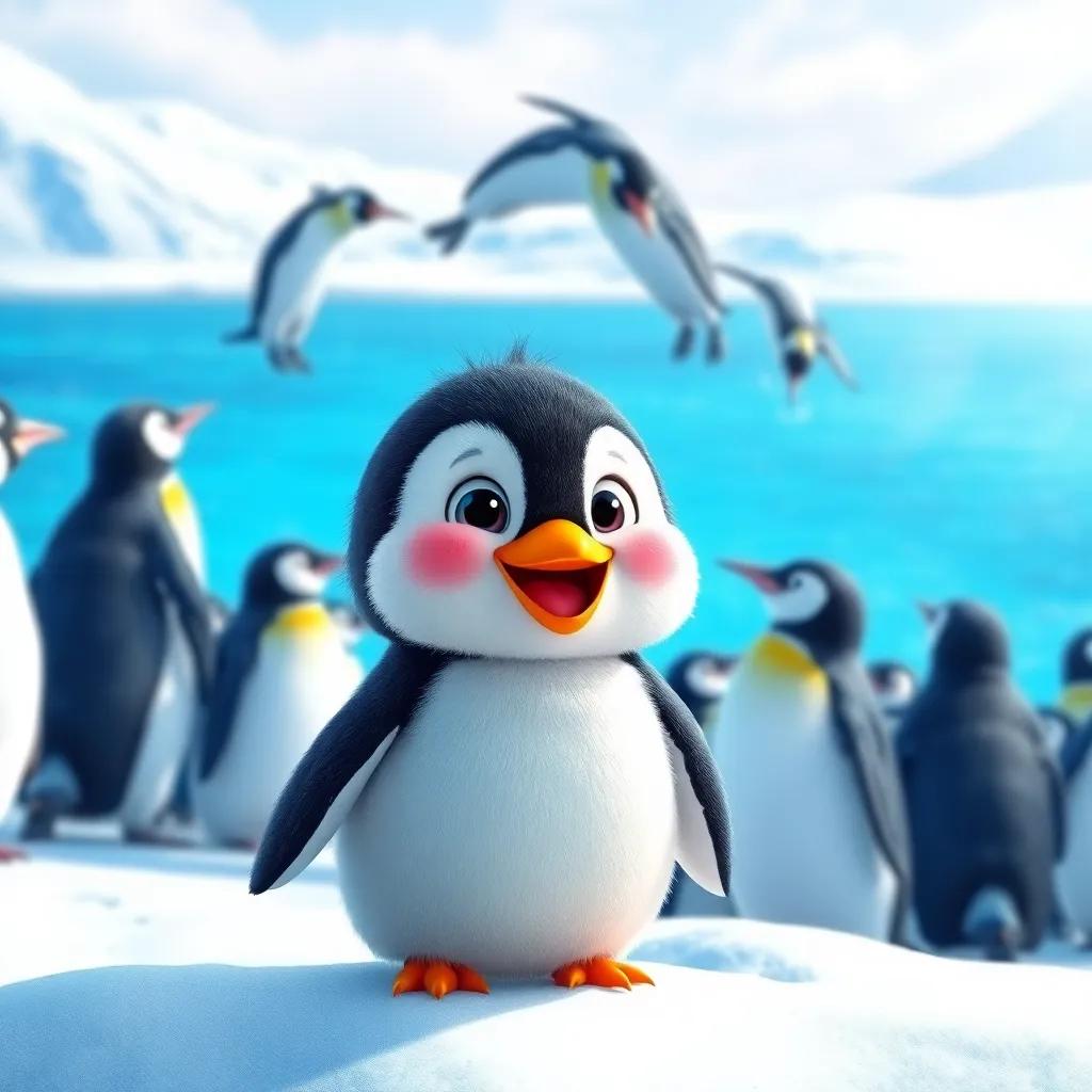 A little penguin named Petey with soft feathers and a big smile, watching big penguins dive into the blue sea, snowy landscape, bright and cheerful, digital art, bright colors, inviting atmosphere, high quality