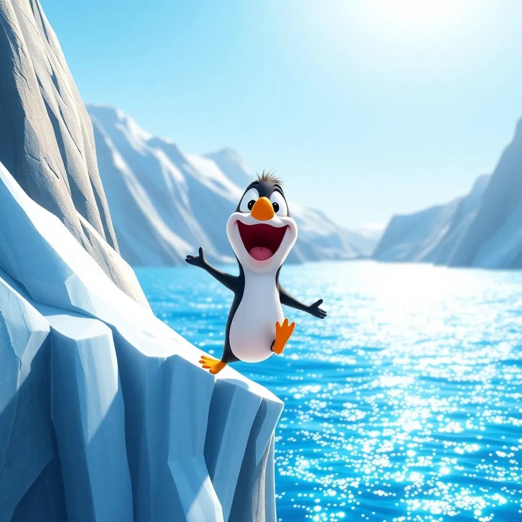 Petey waddling to the edge of the icy cliff, with sparkling water below, sunshine shining overhead, excited and curious, illustration, joyful, adventure-themed, cheerful
