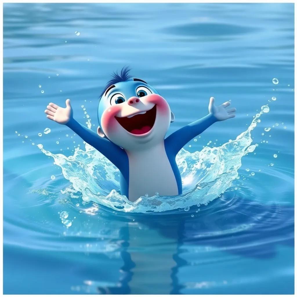 Petey splashing into chilly water with a big belly flop, flapping his tiny wings, laughter in the air, blue water splashing, digital art, fun atmosphere, vibrant colors, high quality