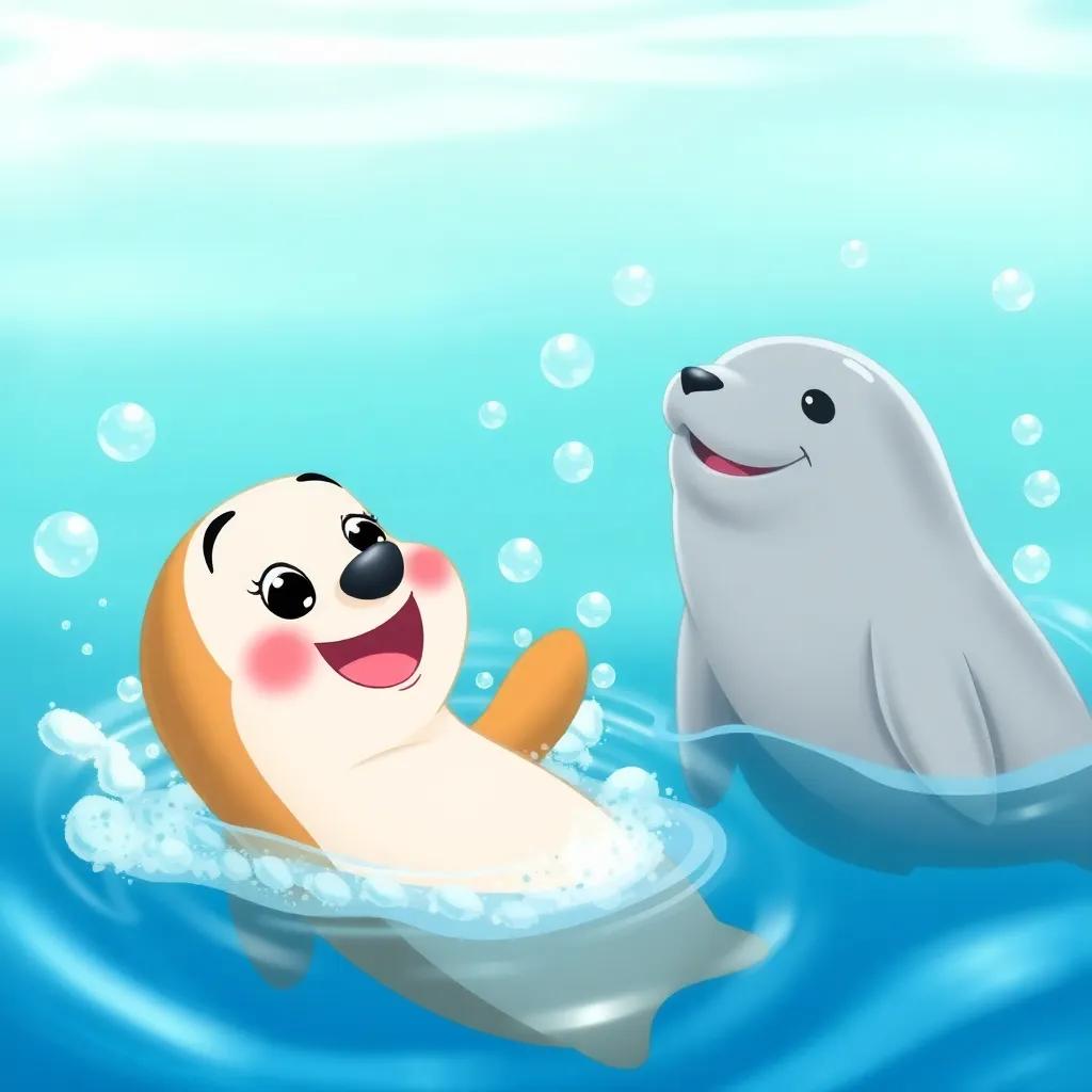 Petey meeting Sally the Seal, who is playful and swimming in the water, Petey excitedly smiling, surrounded by bubbles, joyful scene, illustration, bright cheerful colors, high quality