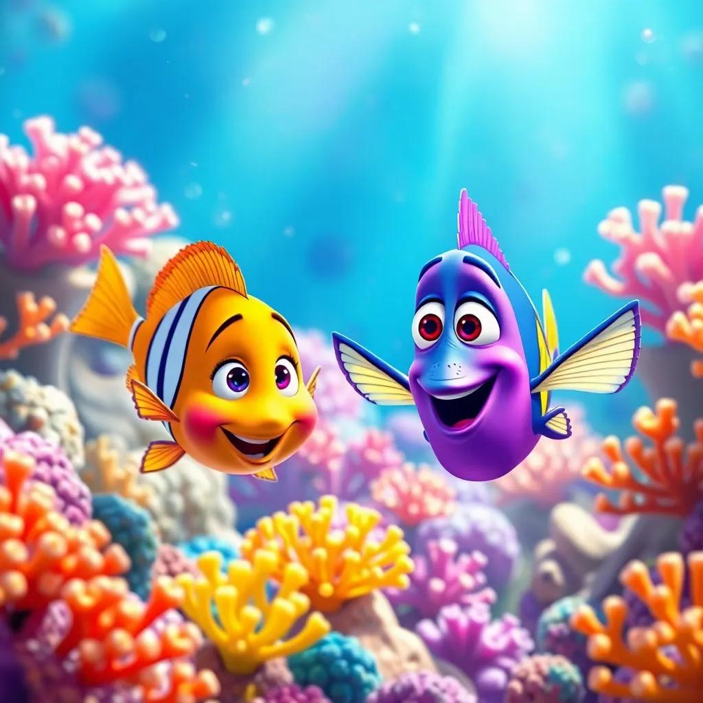 Petey and Finn the colorful fish exploring the coral reef together, bright coral and underwater life, Petey happy and amazed, bright vibrant colors, digital art, magical atmosphere, high quality