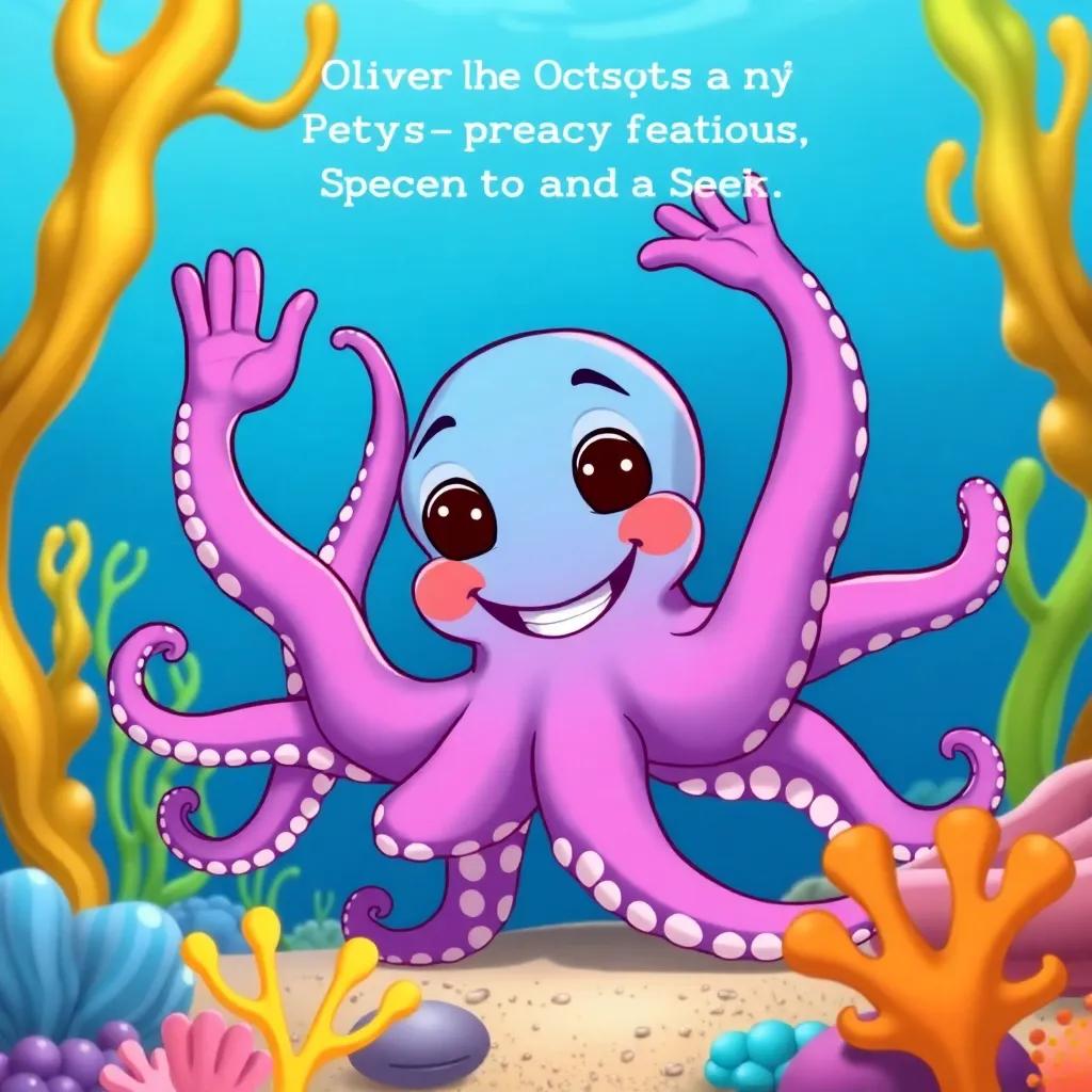 Oliver the Octopus waving his eight arms, smiling and inviting Petey and friends to play hide and seek, colorful underwater scene, fun and playful, illustration, bright colors, high quality