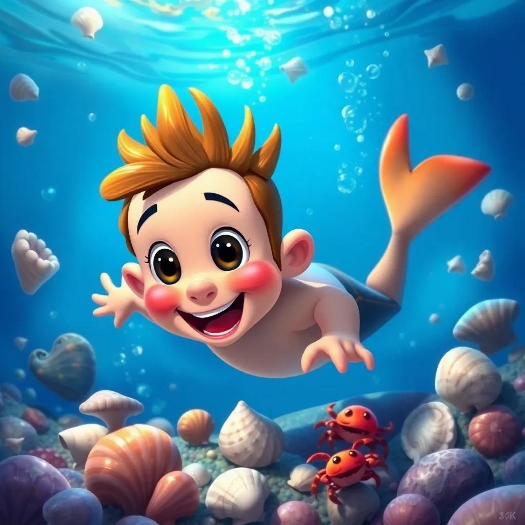 Petey bravely diving deep, discovering shiny seashells and tiny crabs, blue water around him, adventurous spirit, digital painting, colorful and vibrant, high quality
