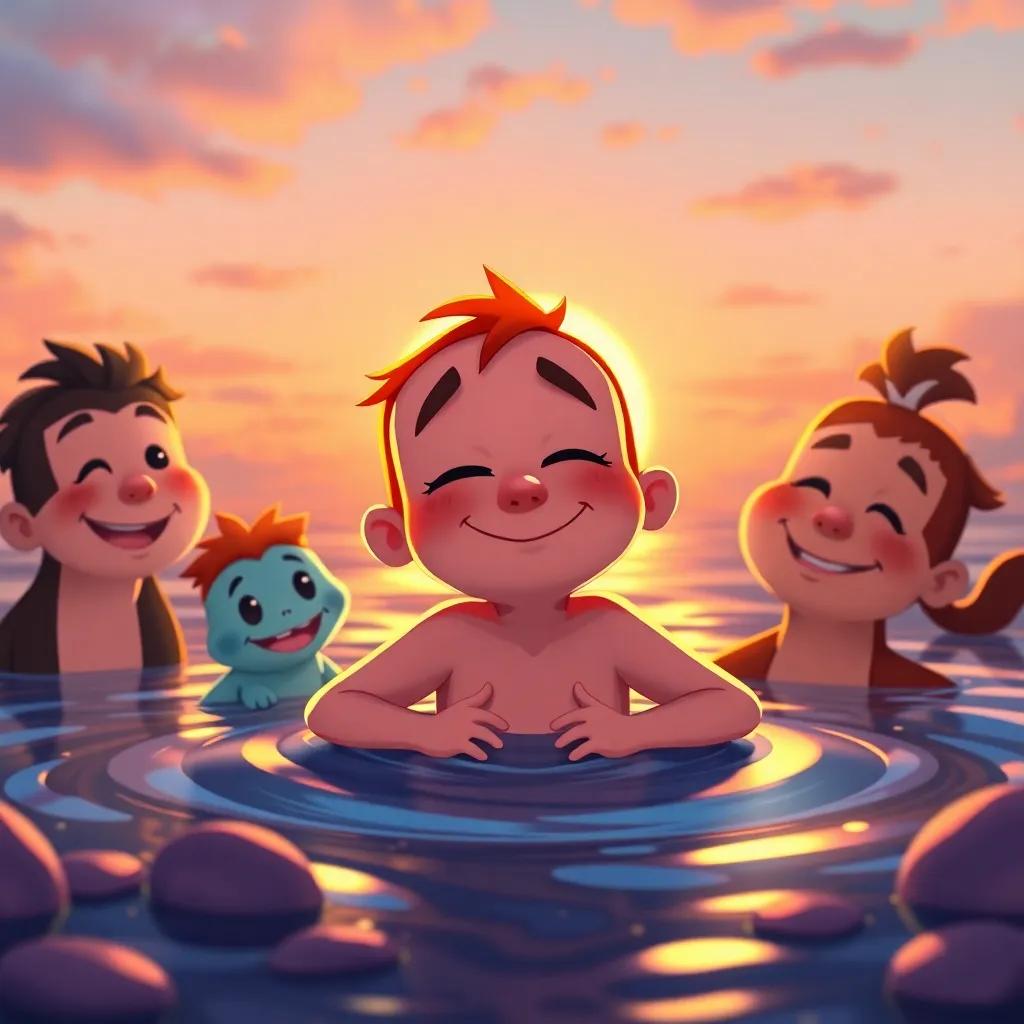 Petey tired but proud after swimming, with his new friends smiling around him, sunset glowing in the background, warm and cozy atmosphere, illustration, glowing colors, heartwarming