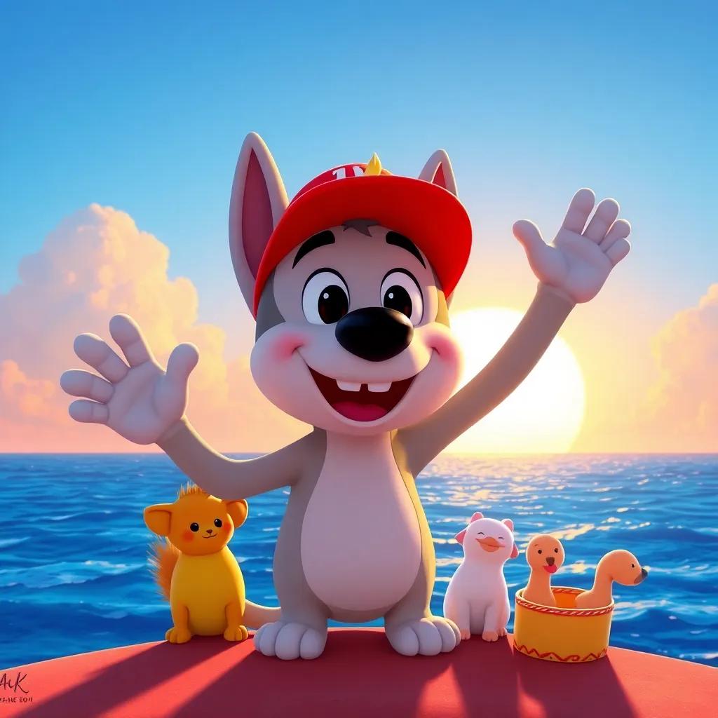 Petey waving goodbye to his friends under the setting sun, feeling cozy inside, bright sky and ocean colors, happy and promising, digital art, cheerful atmosphere, high quality