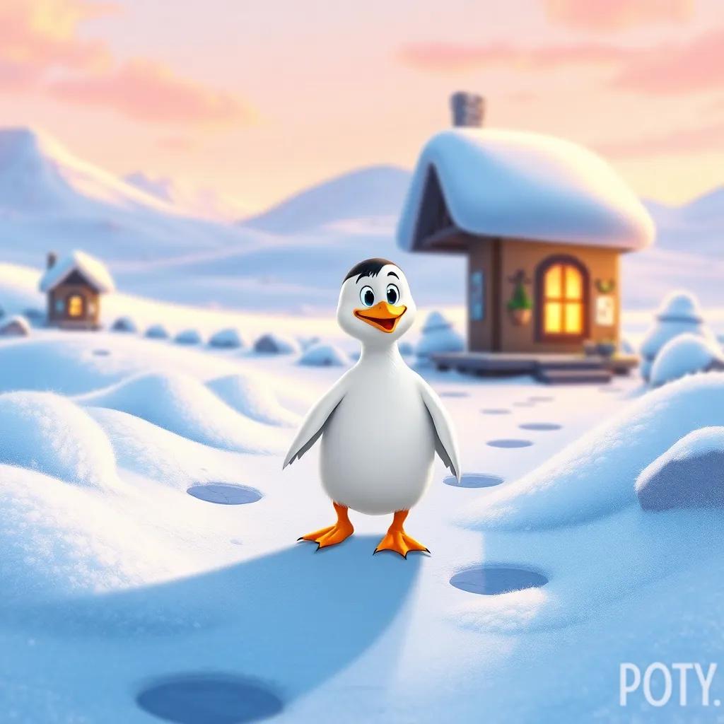 Petey waddling back home, ready to tell his family about his first swim, bright landscape, fluffy snow around, warm and inviting, illustration, heartwarming, vibrant colors, high quality