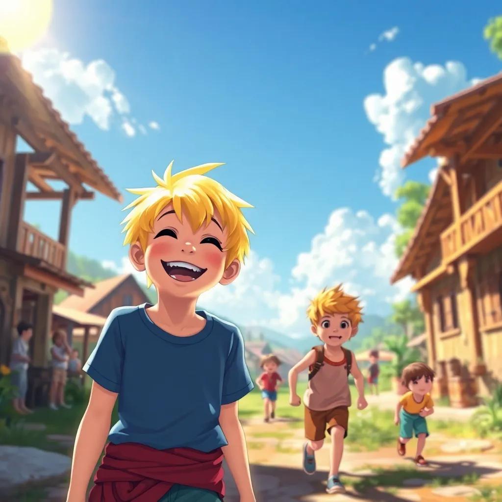 Phaethon, a young boy with bright yellow hair and sparkling eyes, laughing joyfully while playing with other boys in a sunny village; vibrant scenery with children playing, digital art, bright colors, cheerful atmosphere, high quality