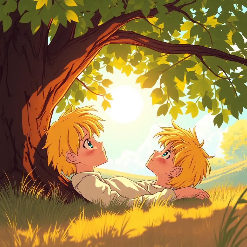Phaethon, a young boy with bright yellow hair and sparkling eyes, lying under a tree gazing at the sun with wonder; peaceful countryside setting with sunlight filtering through leaves, illustration, bright and warm colors, serene mood