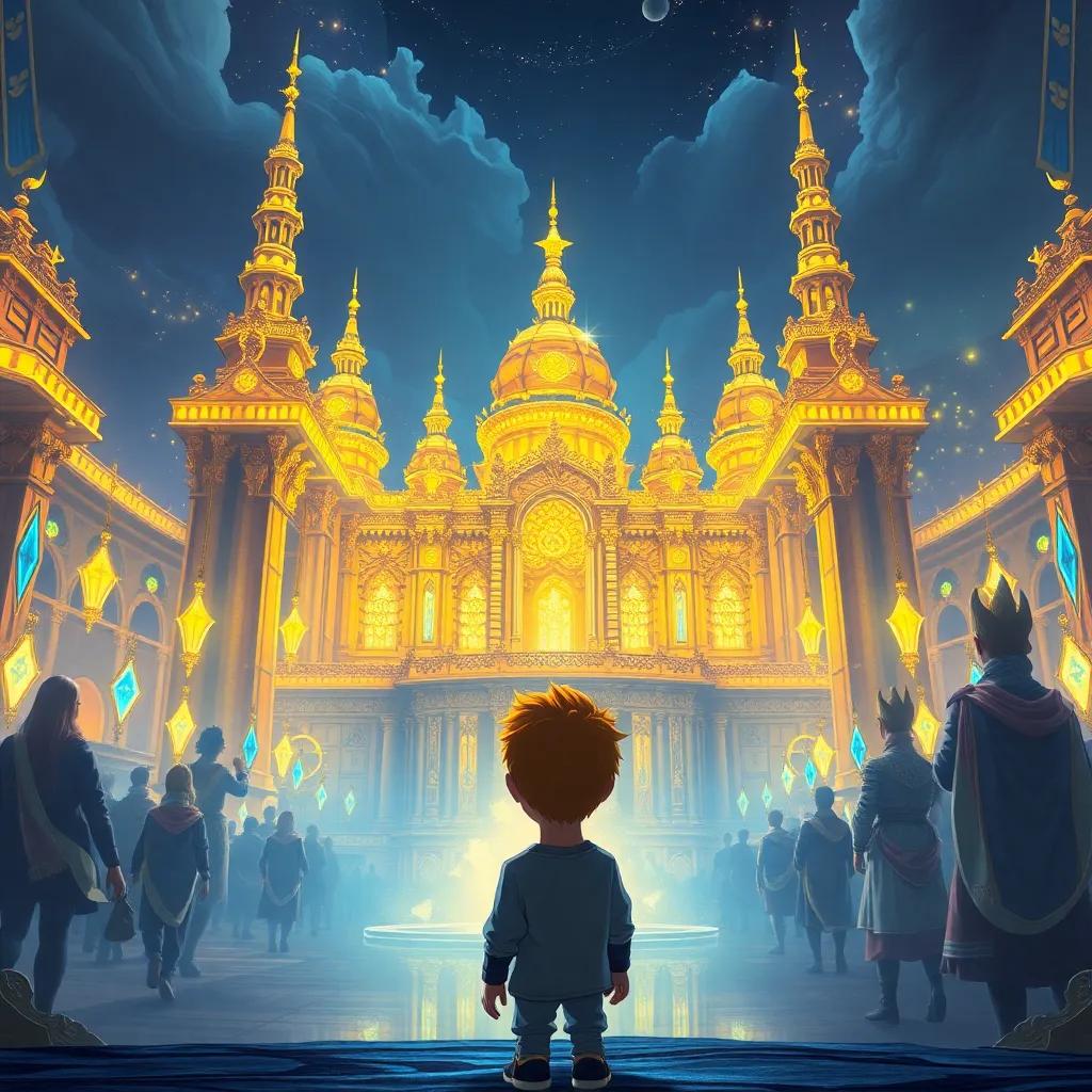 Phaethon, a young boy with bright yellow hair standing in awe in front of a glorious golden palace; magnificent architecture with shining lights, adorned with gems, awe-inspiring surroundings, digital painting, rich details, high quality