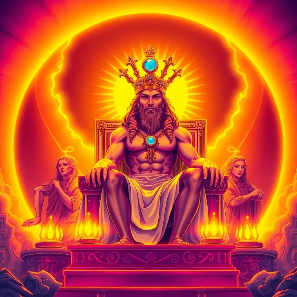 Helios, the sun-god, sitting majestically on a throne with a magnificent jeweled crown; surrounded by glowing golden light with Hours and Days attending, illustration, vibrant colors, divine and powerful atmosphere, high quality