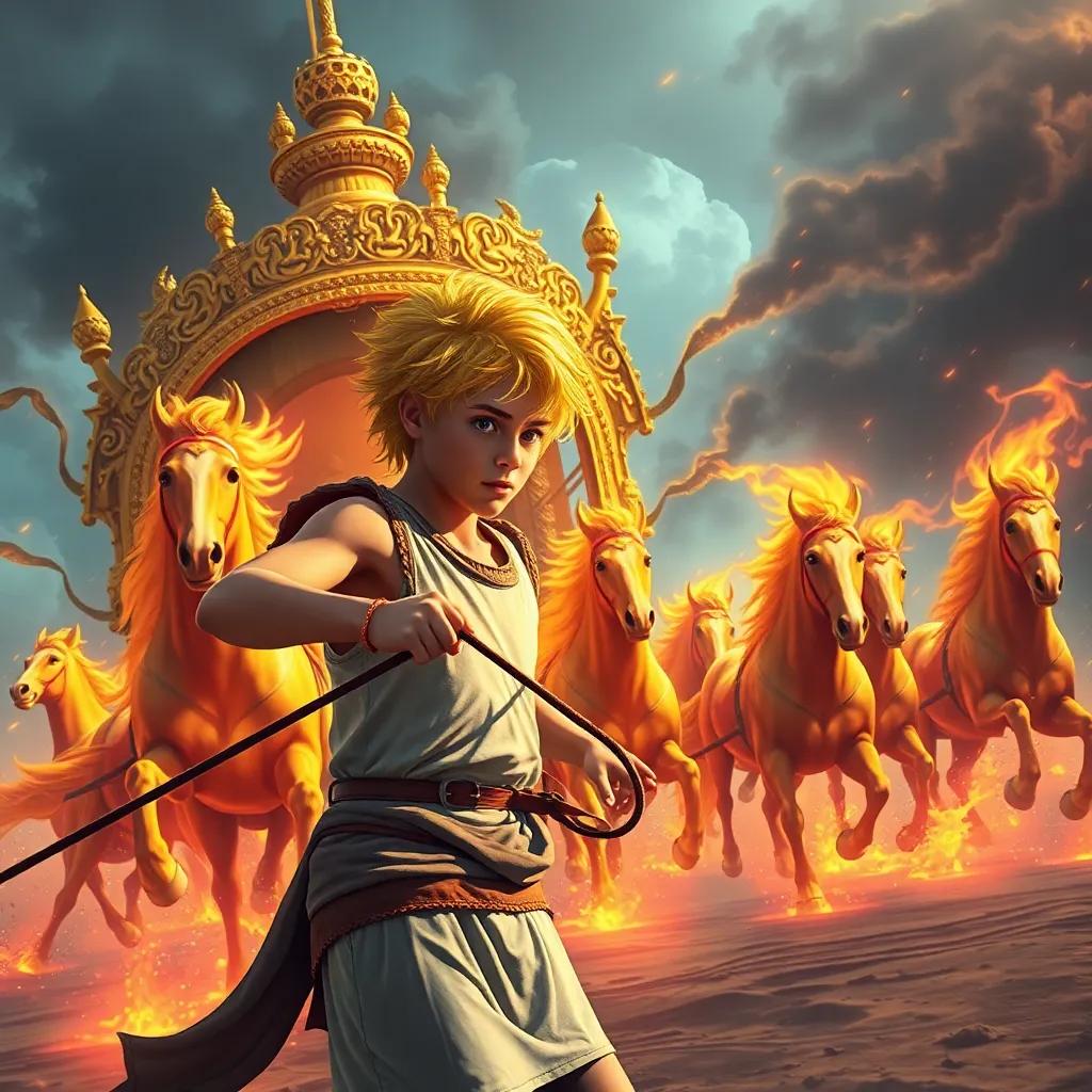 Phaethon, a young boy with bright yellow hair nervously holding reins of a magnificent golden chariot, fiery horses ready to gallop; thrilling atmosphere, chaos as horses appear wild and fiery, digital art, dynamic scene, high quality