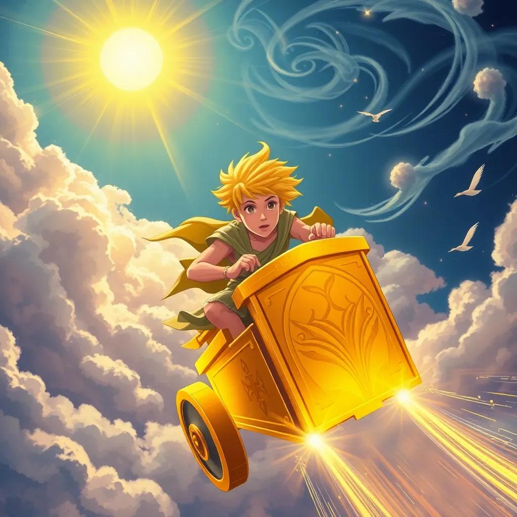 Phaethon, a young boy with bright yellow hair in a golden chariot, racing through the sky amidst clouds; intense action with swirling clouds and bright celestial light, illustration, dramatic and energetic atmosphere, high quality