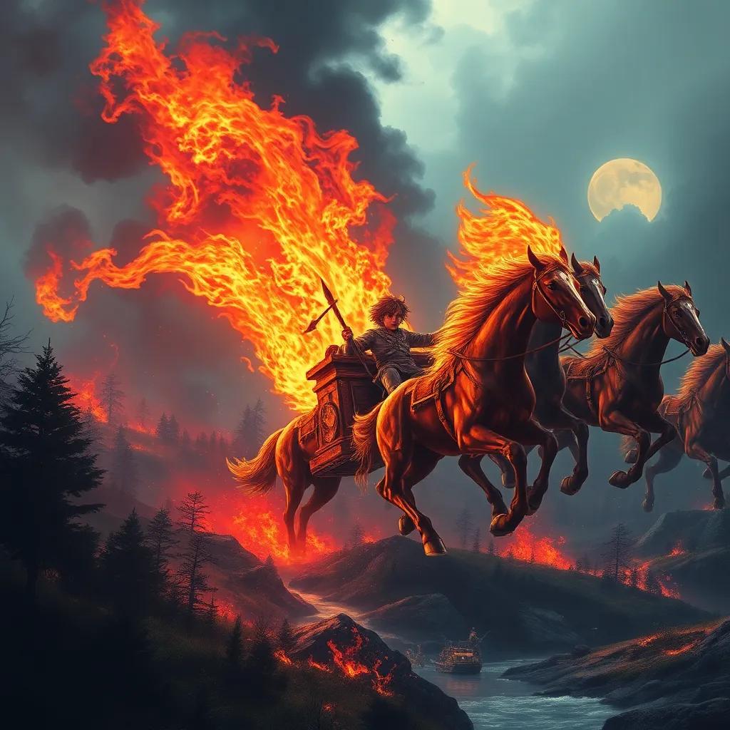 Phaethon, a young boy in a chariot panicking as fiery horses run wildly, causing chaos on earth; forests and rivers being scorched, dark smoke billowing, digital art, chaotic scene, high quality