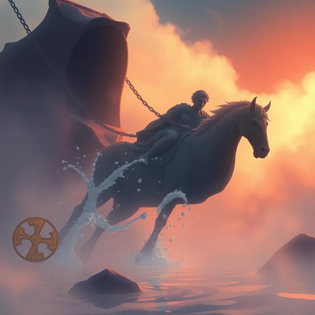 Phaethon falling from the chariot into the river Eridanus surrounded by mist; a magical and dreamy atmosphere as he splashes down, illustration, emotional and serene moment, high quality