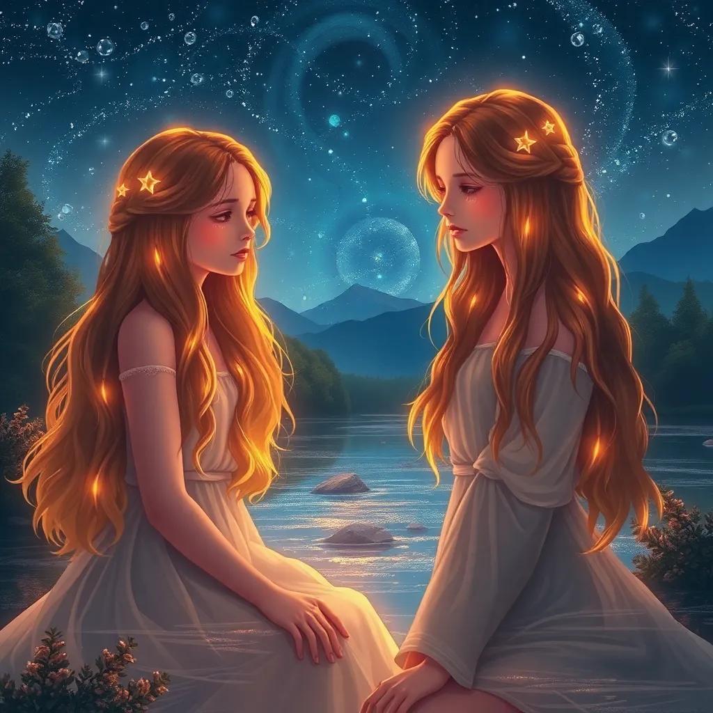 The Heliades, young girls with glowing hair, weeping beside the river Eridanus, their tears transforming into drops of amber; beautiful landscape with sparkling water and gentle trees, digital painting, heartfelt scene, high quality