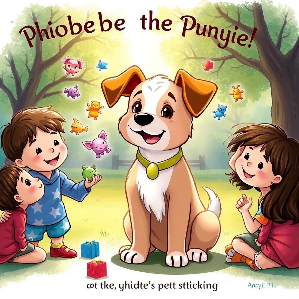 Phoebe, the magical puppy, using her ears to conjure beautiful toys, with a group of smiling children around her in a park, magical atmosphere, colorful toys appearing, joyful expressions, warm light, storytelling illustration, high quality