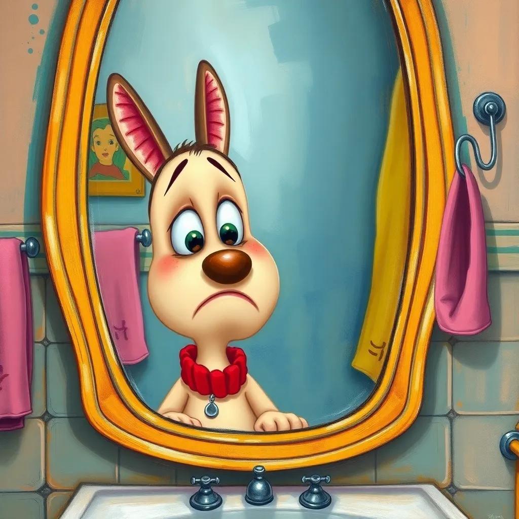 Pili looking worried at the mirror with a brown tooth, her round face showing concern, surrounded by bright bathroom colors, cheerful style, vibrant contrast, heartwarming, high quality